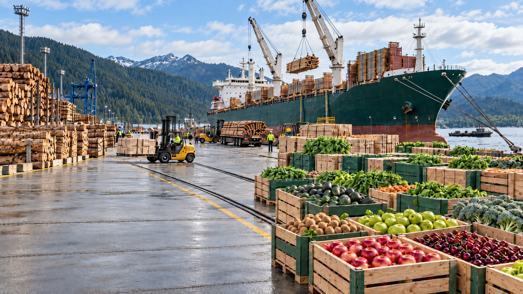 Port operations showing New Zealand timber and produce exports, Kandla Timber trade capability beyond logs and lumber